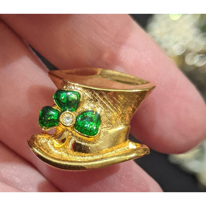 Vintage Avon Leprechaun Clover Gold Tone Hat Shaped Pin