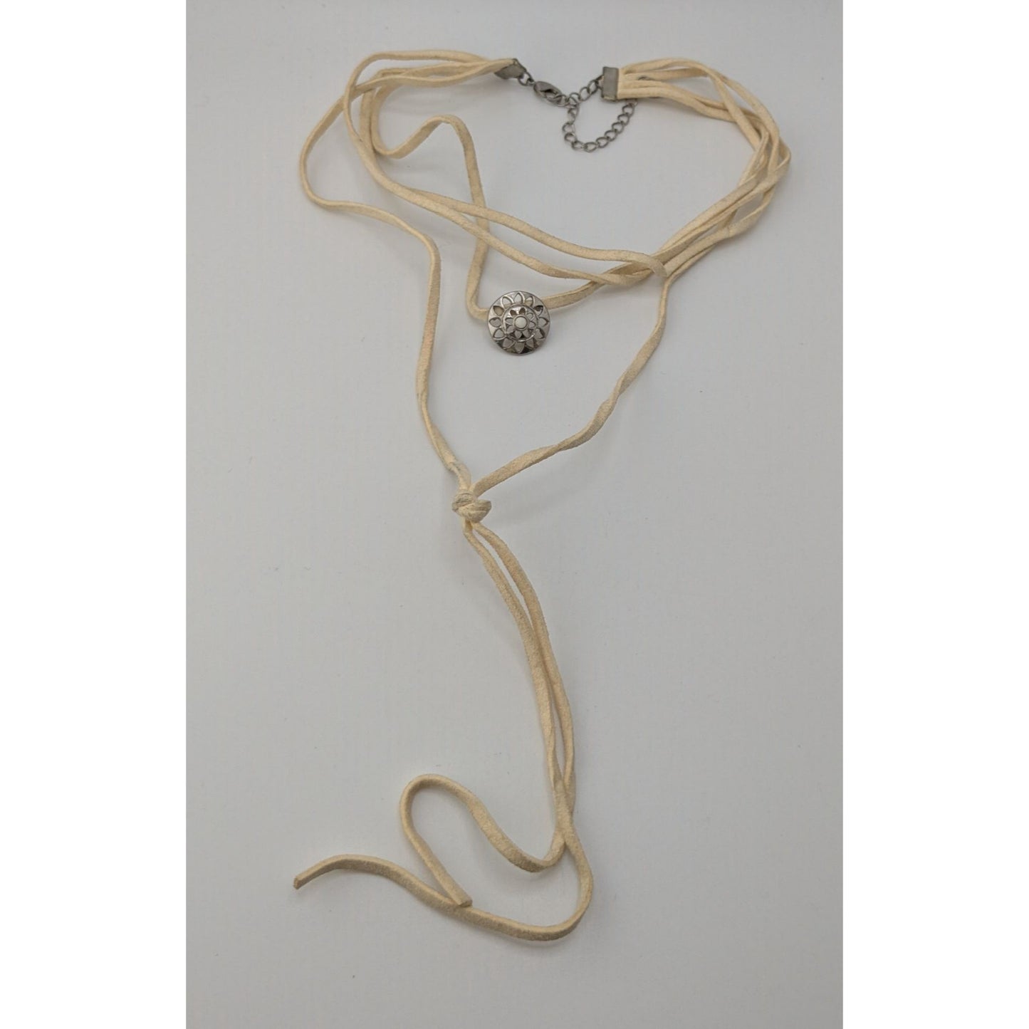 Faux Suede Layered Necklace Cream Floral Pendant Boho Festival Jewelry