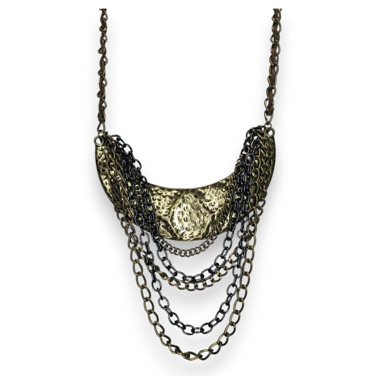 Vintage Brutalist Statement Metal Bronze Black Bib Necklace 15 Inch