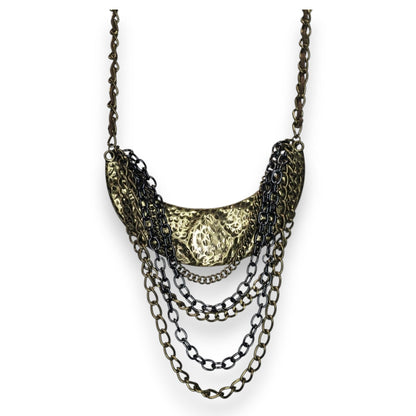 Vintage Brutalist Statement Metal Bronze Black Bib Necklace 15 Inch