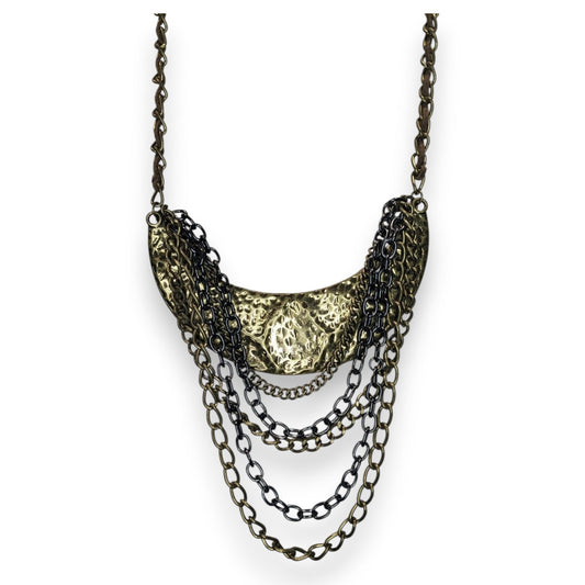 Vintage Brutalist Statement Metal Bronze Black Bib Necklace 15 Inch