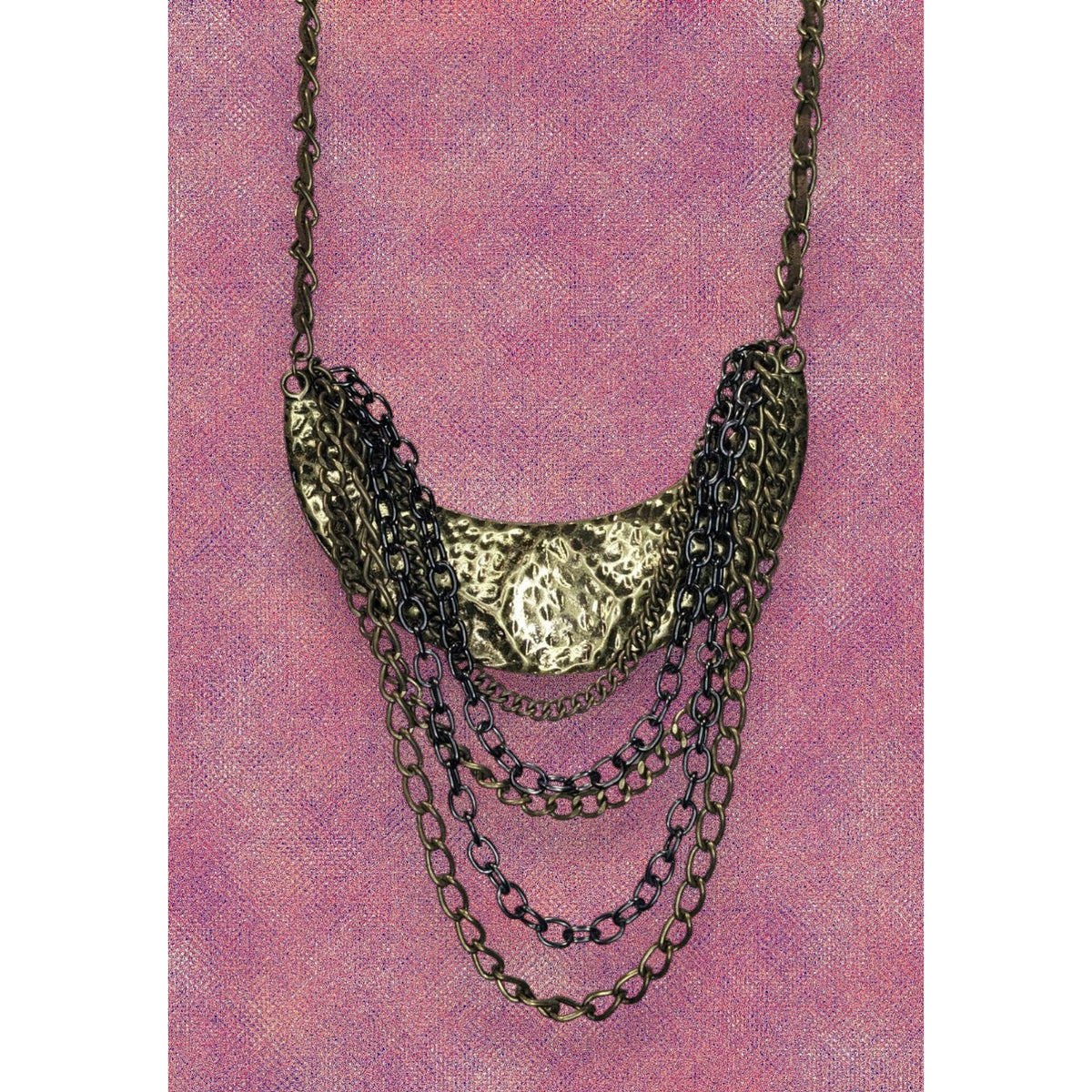 Vintage Brutalist Statement Metal Bronze Black Bib Necklace 15 Inch