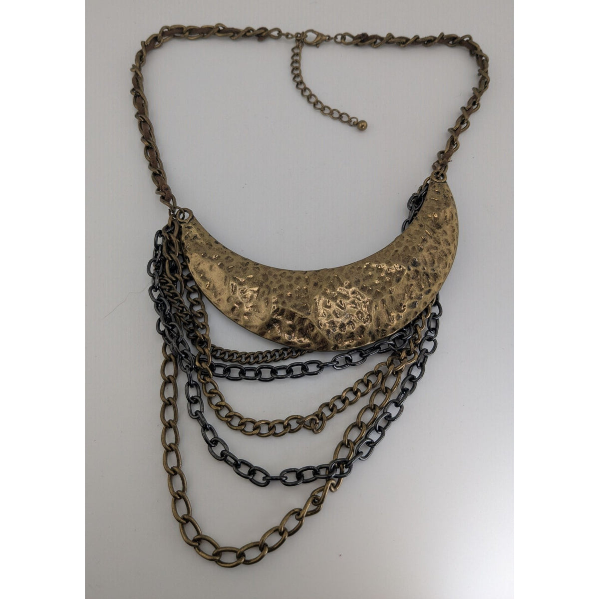 Vintage Brutalist Statement Metal Bronze Black Bib Necklace 15 Inch