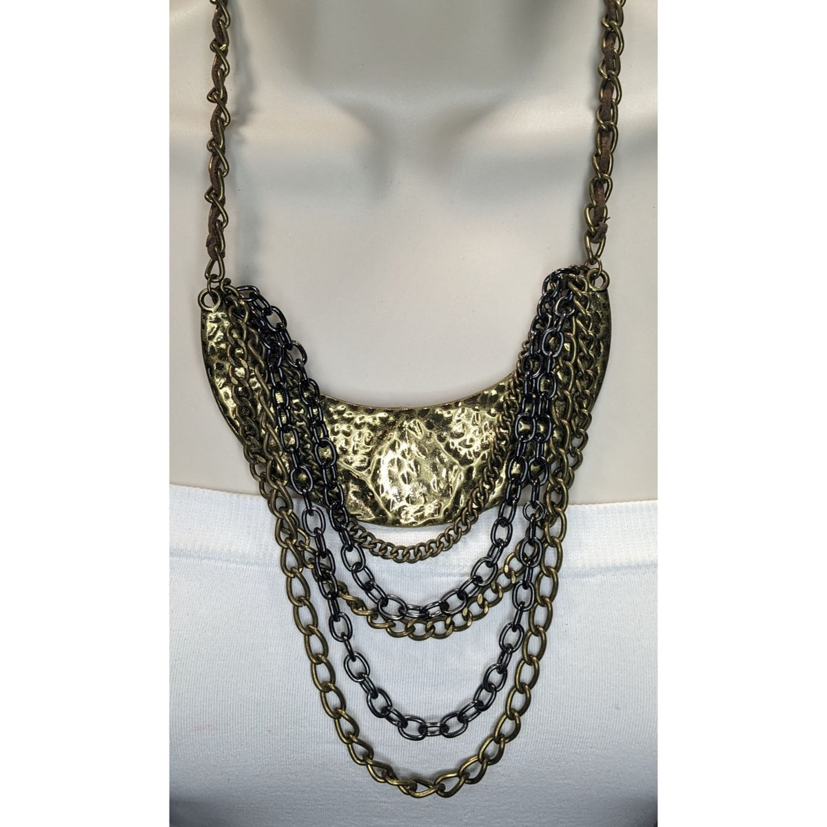Vintage Brutalist Statement Metal Bronze Black Bib Necklace 15 Inch