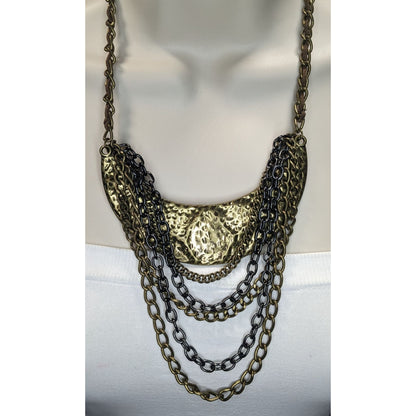 Vintage Brutalist Statement Metal Bronze Black Bib Necklace 15 Inch