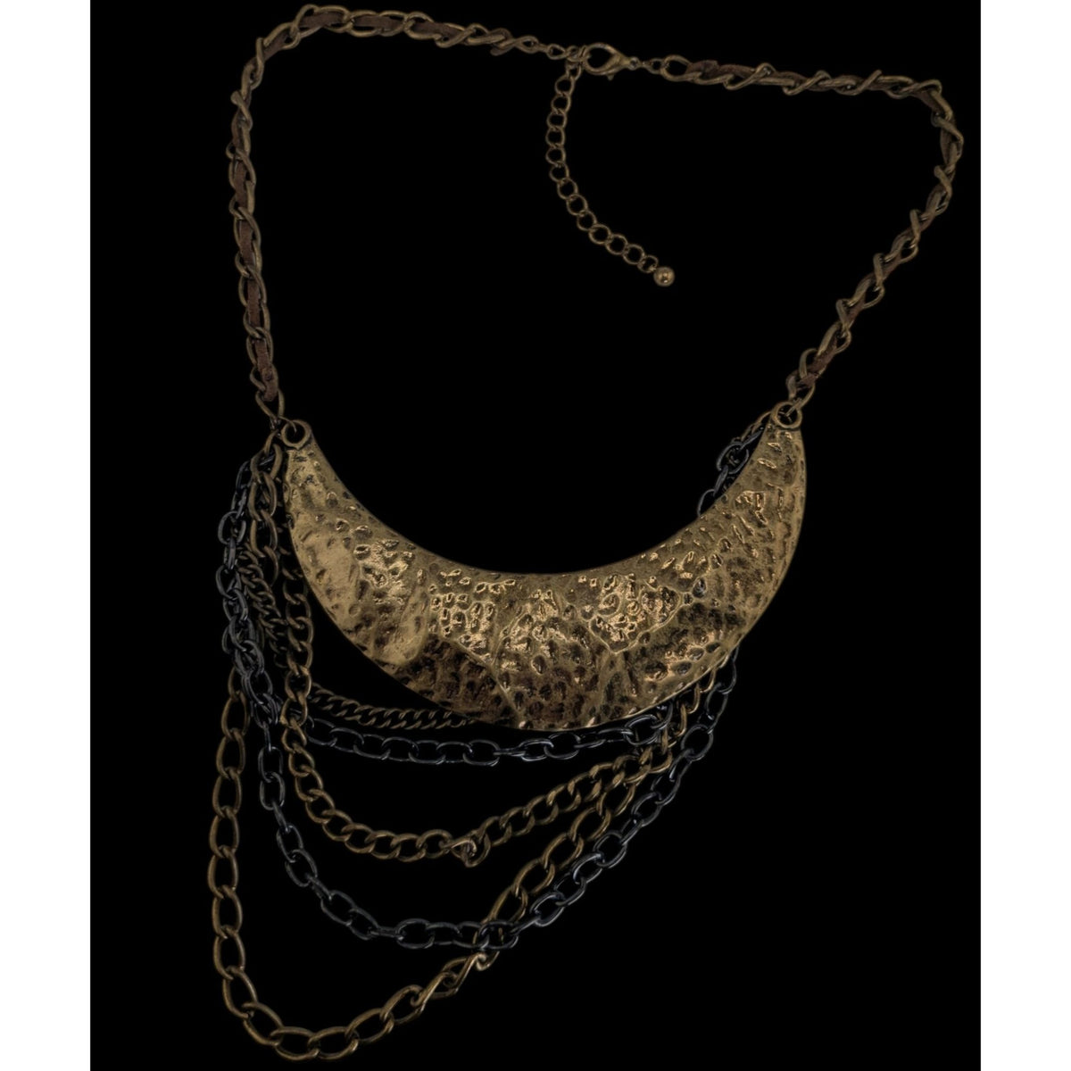 Vintage Brutalist Statement Metal Bronze Black Bib Necklace 15 Inch