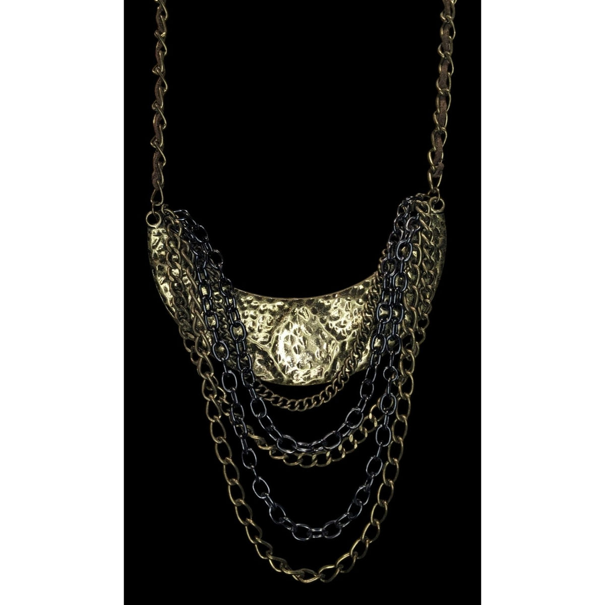 Vintage Brutalist Statement Metal Bronze Black Bib Necklace 15 Inch