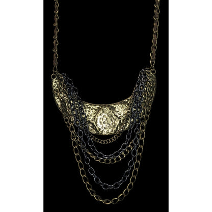 Vintage Brutalist Statement Metal Bronze Black Bib Necklace 15 Inch