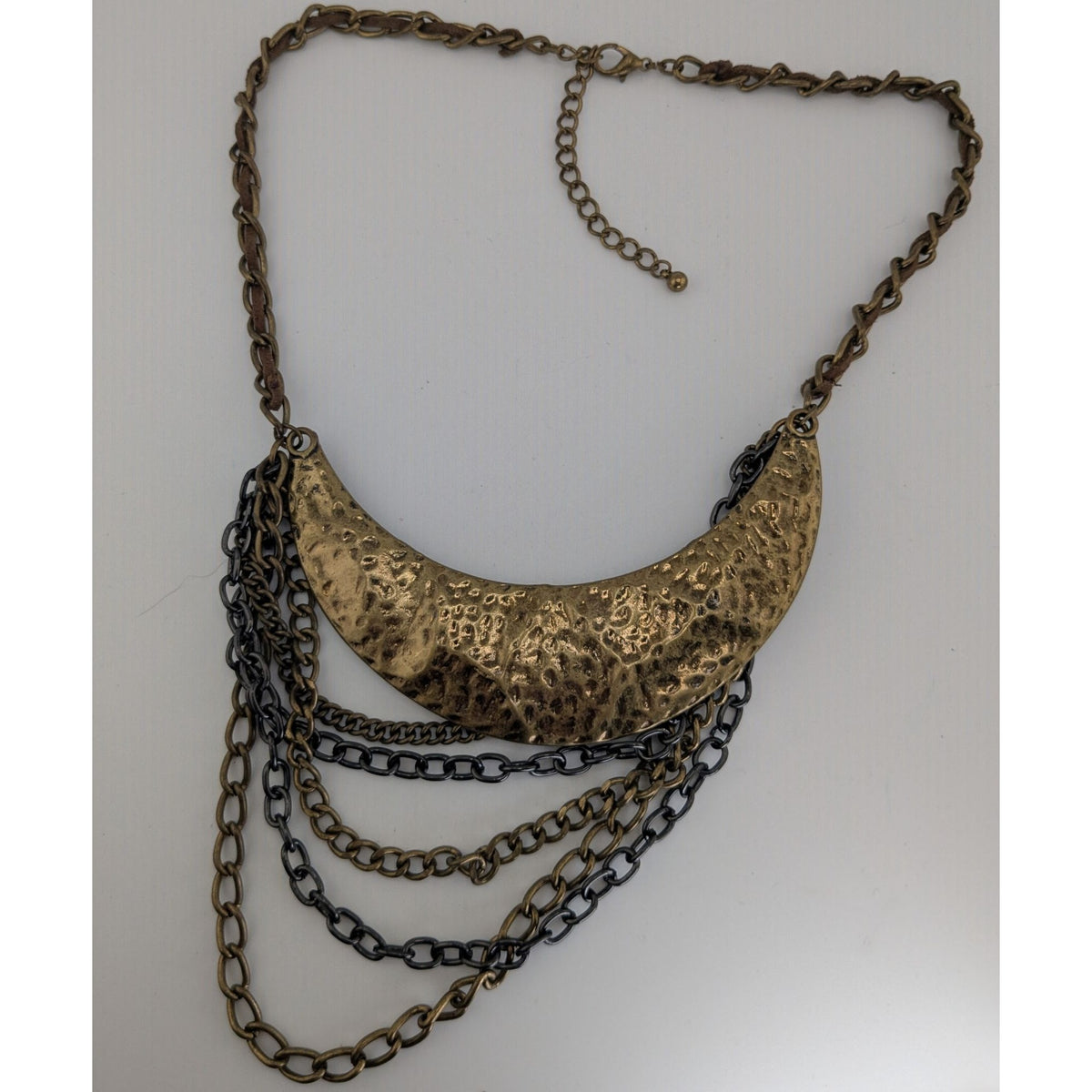 Vintage Brutalist Statement Metal Bronze Black Bib Necklace 15 Inch