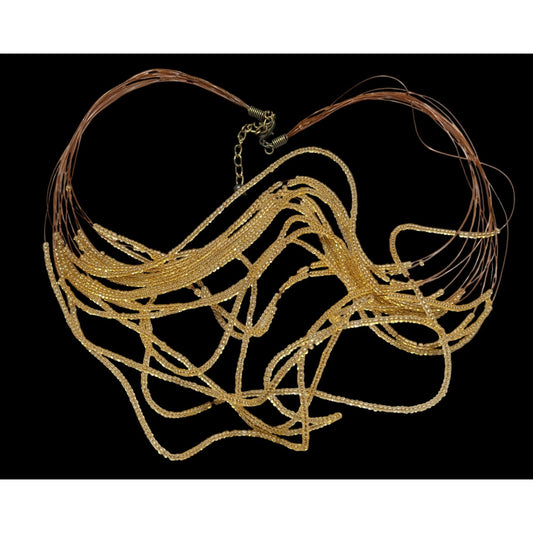 Golden Glass Multi-Strand Beaded Necklace On Copper Tone Beading Wire