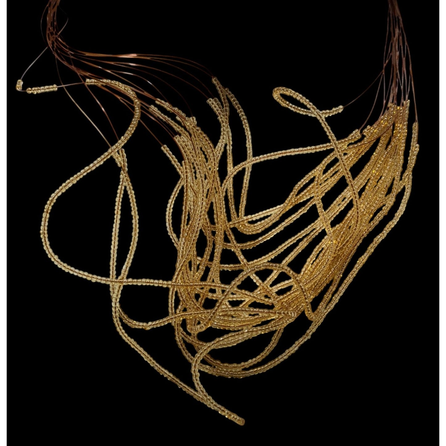 Golden Glass Multi-Strand Beaded Necklace On Copper Tone Beading Wire