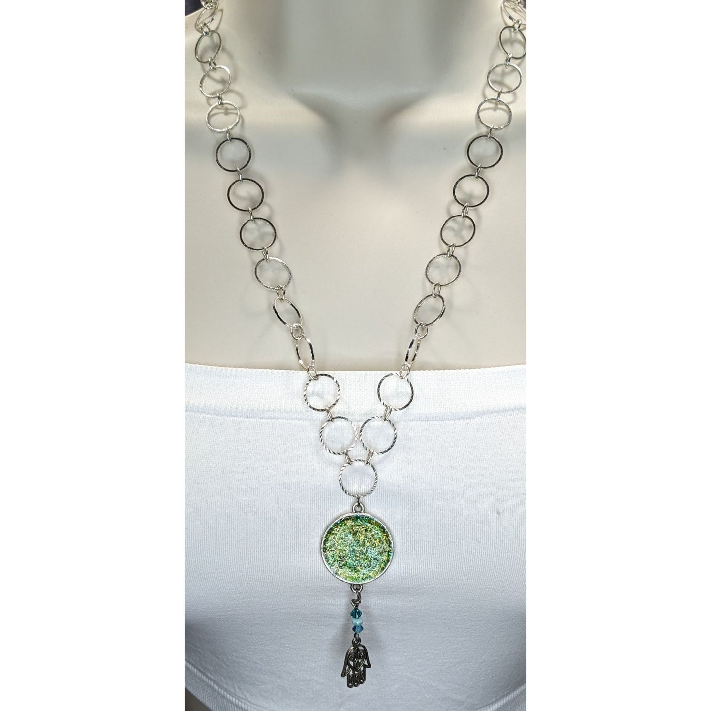 Handmade Glitter Pendant Necklace Hamsa Charm Green Silver Boho Indie
