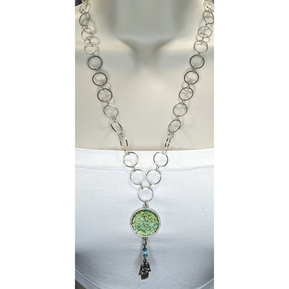Handmade Glitter Pendant Necklace Hamsa Charm Green Silver Boho Indie