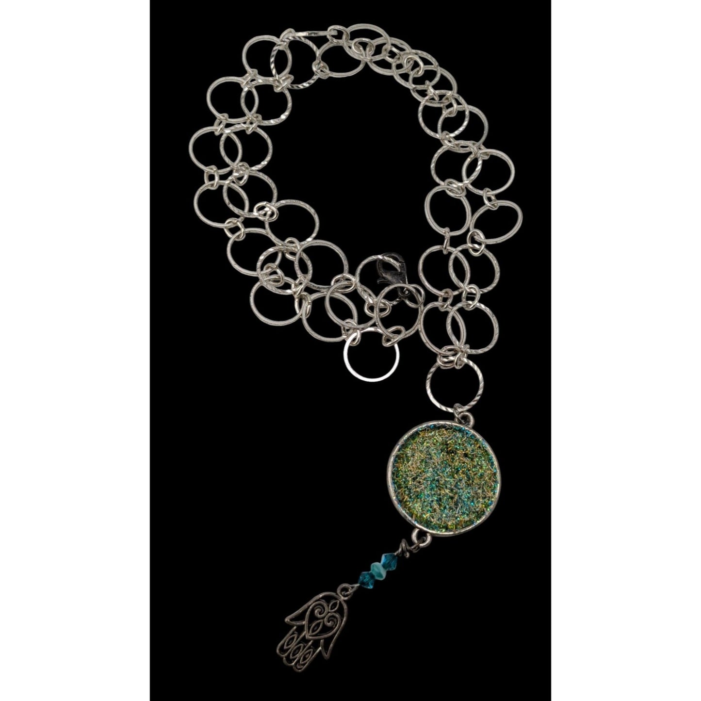 Handmade Glitter Pendant Necklace Hamsa Charm Green Silver Boho Indie