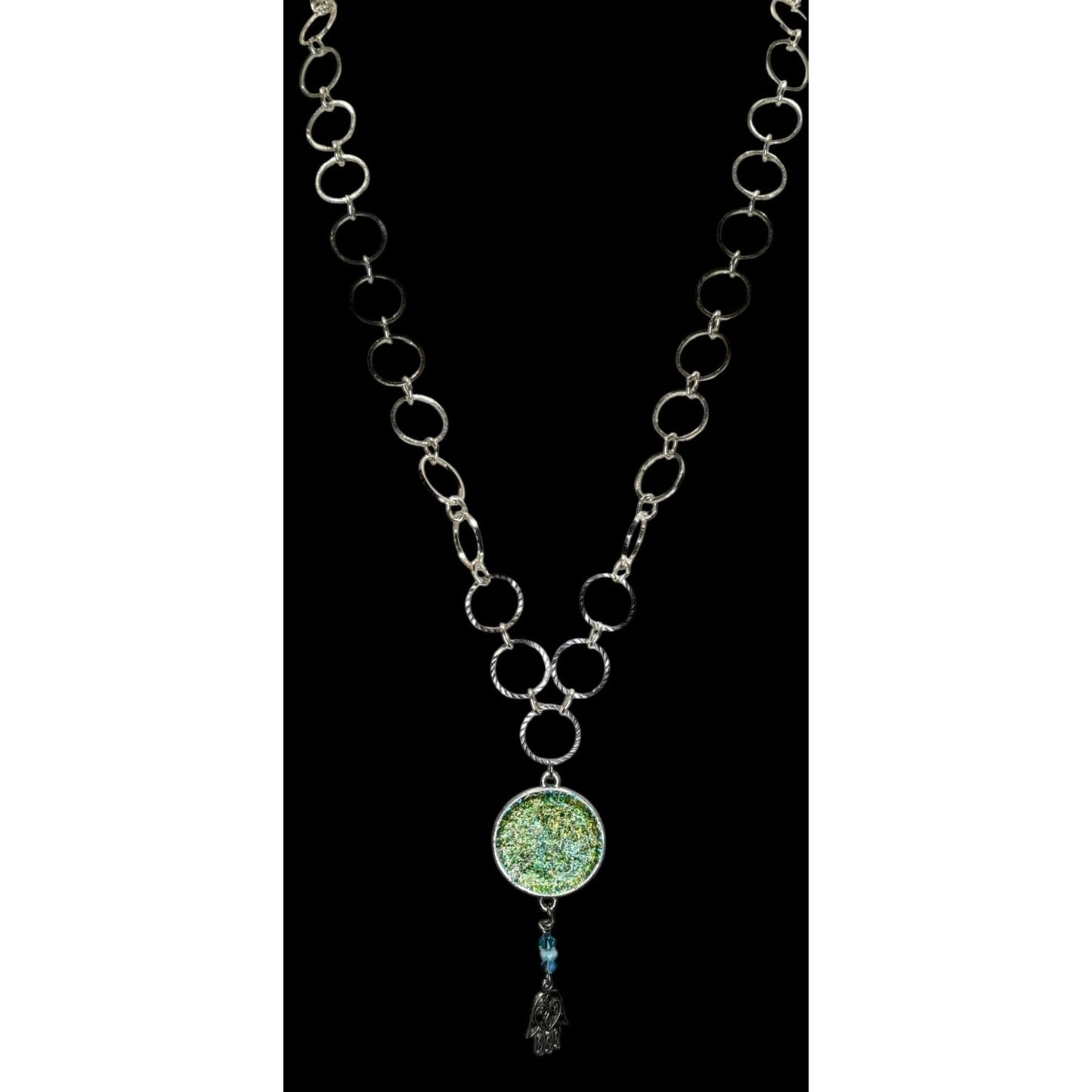 Handmade Glitter Pendant Necklace Hamsa Charm Green Silver Boho Indie