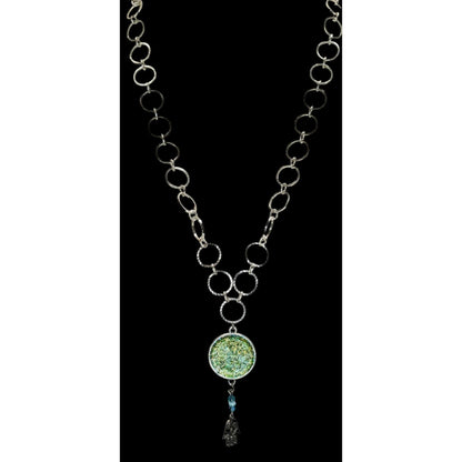 Handmade Glitter Pendant Necklace Hamsa Charm Green Silver Boho Indie
