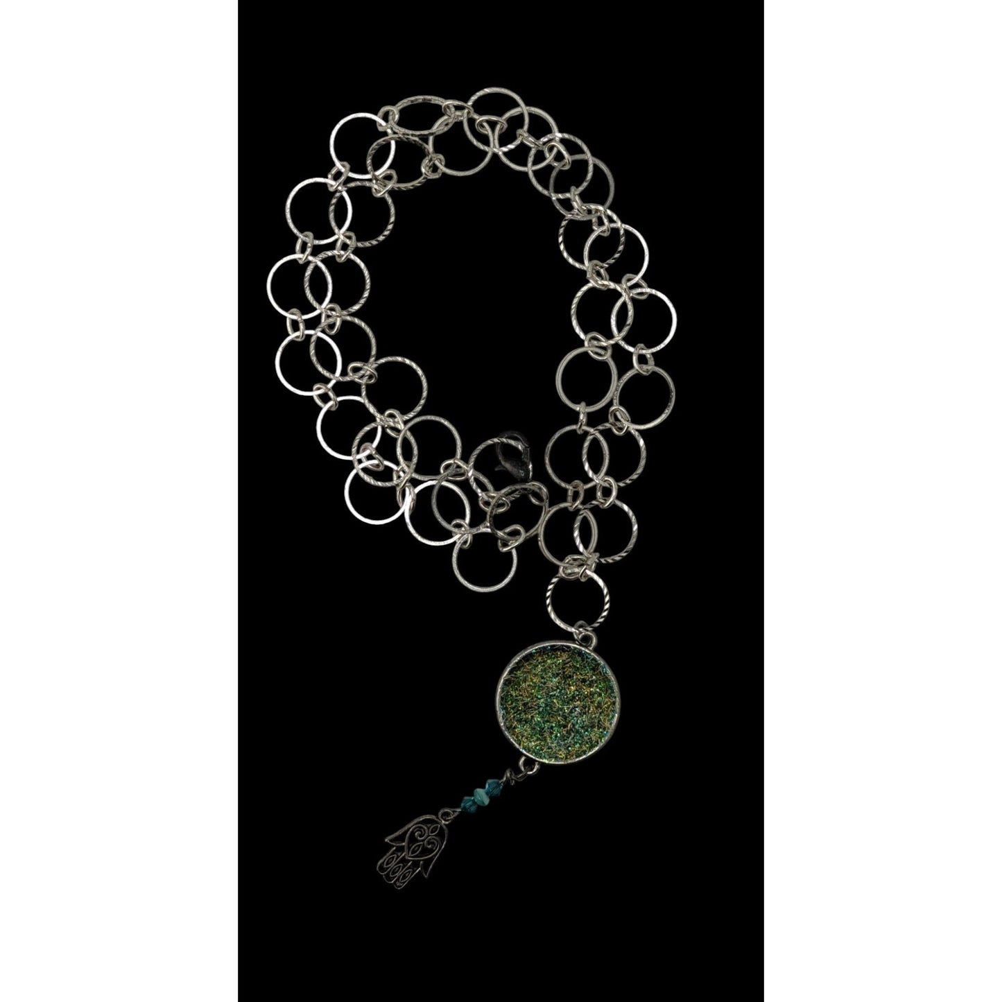 Handmade Glitter Pendant Necklace Hamsa Charm Green Silver Boho Indie