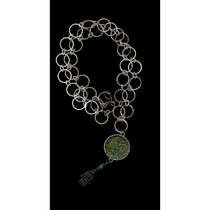 Handmade Glitter Pendant Necklace Hamsa Charm Green Silver Boho Indie