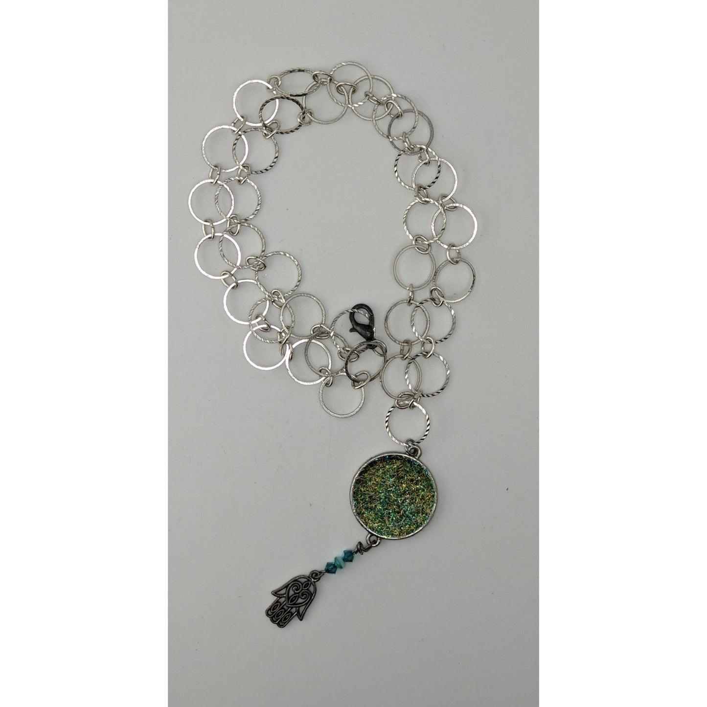Handmade Glitter Pendant Necklace Hamsa Charm Green Silver Boho Indie