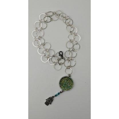 Handmade Glitter Pendant Necklace Hamsa Charm Green Silver Boho Indie
