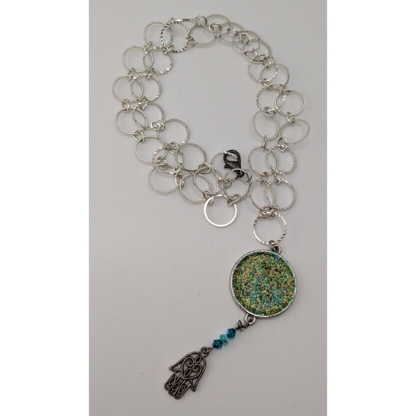 Handmade Glitter Pendant Necklace Hamsa Charm Green Silver Boho Indie