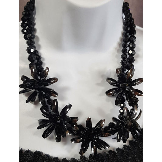 Glam Goth Black Floral Beaded Statement Necklace