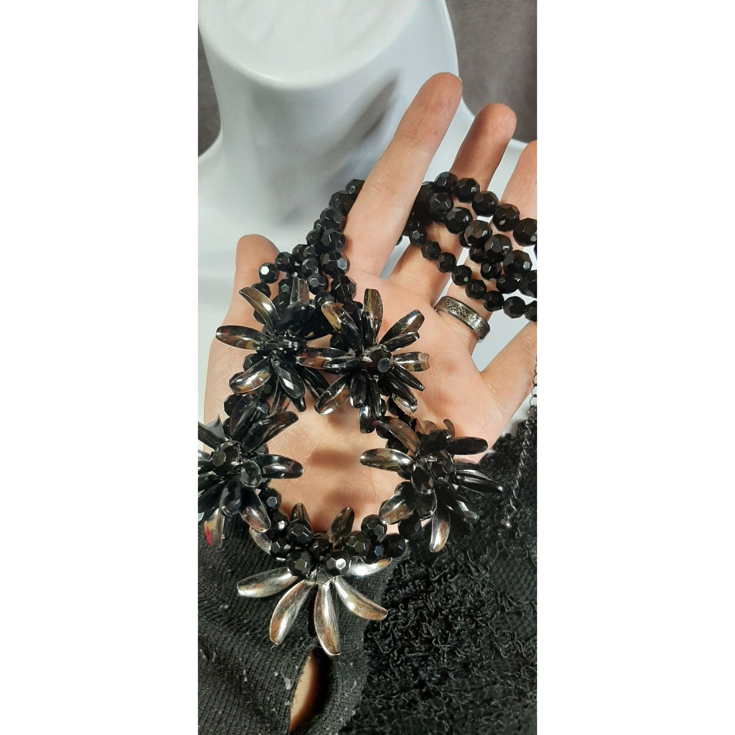 Glam Goth Black Floral Beaded Statement Necklace