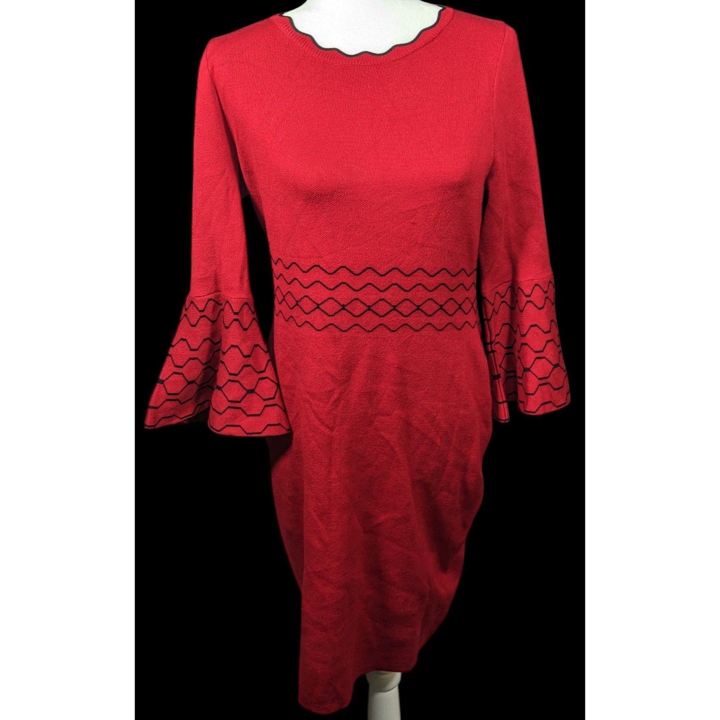 Nina Leonard Black And Red Jacquard Bell Sleeve Sweater Dress