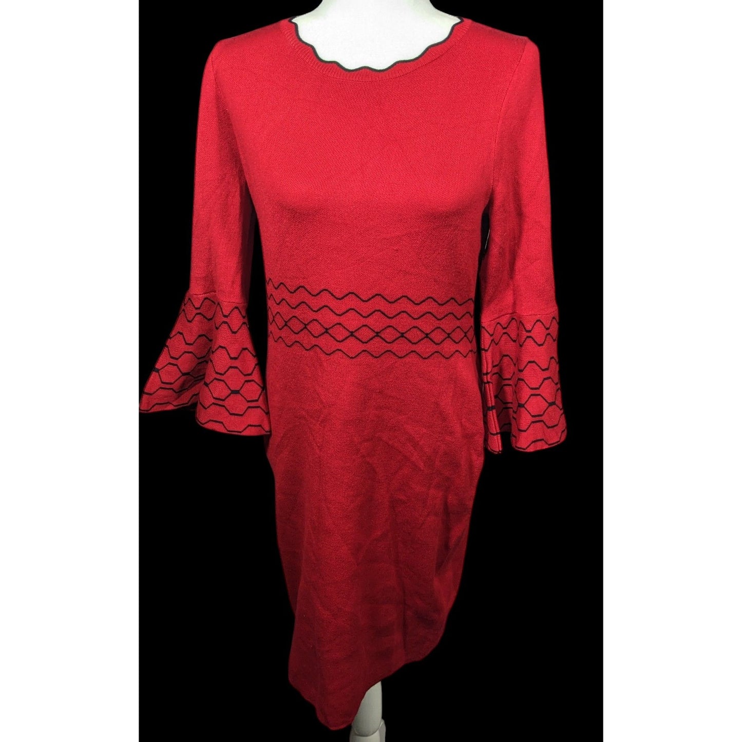 Nina Leonard Black And Red Jacquard Bell Sleeve Sweater Dress