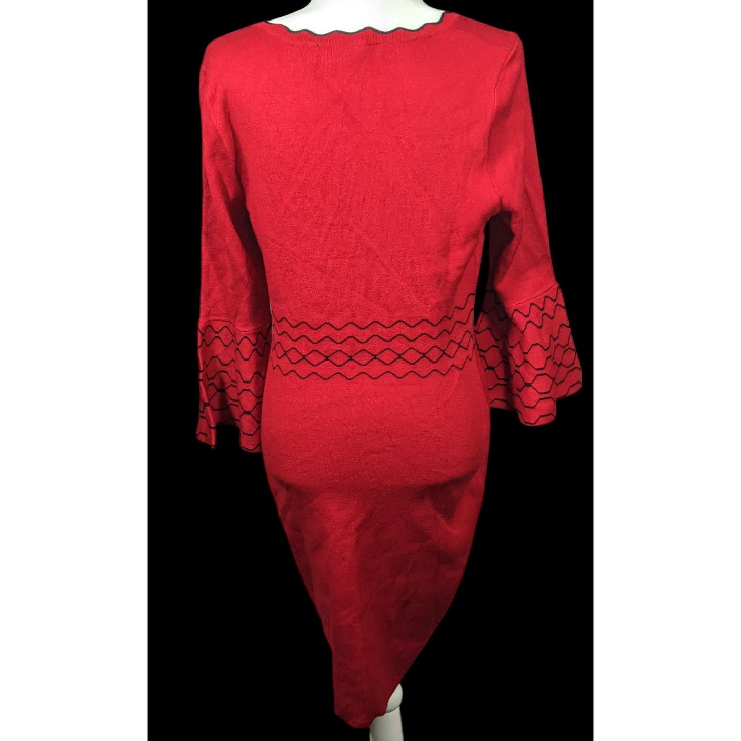 Nina Leonard Black And Red Jacquard Bell Sleeve Sweater Dress