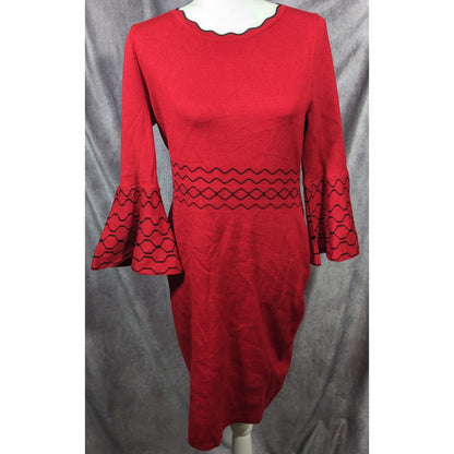 Nina Leonard Black And Red Jacquard Bell Sleeve Sweater Dress