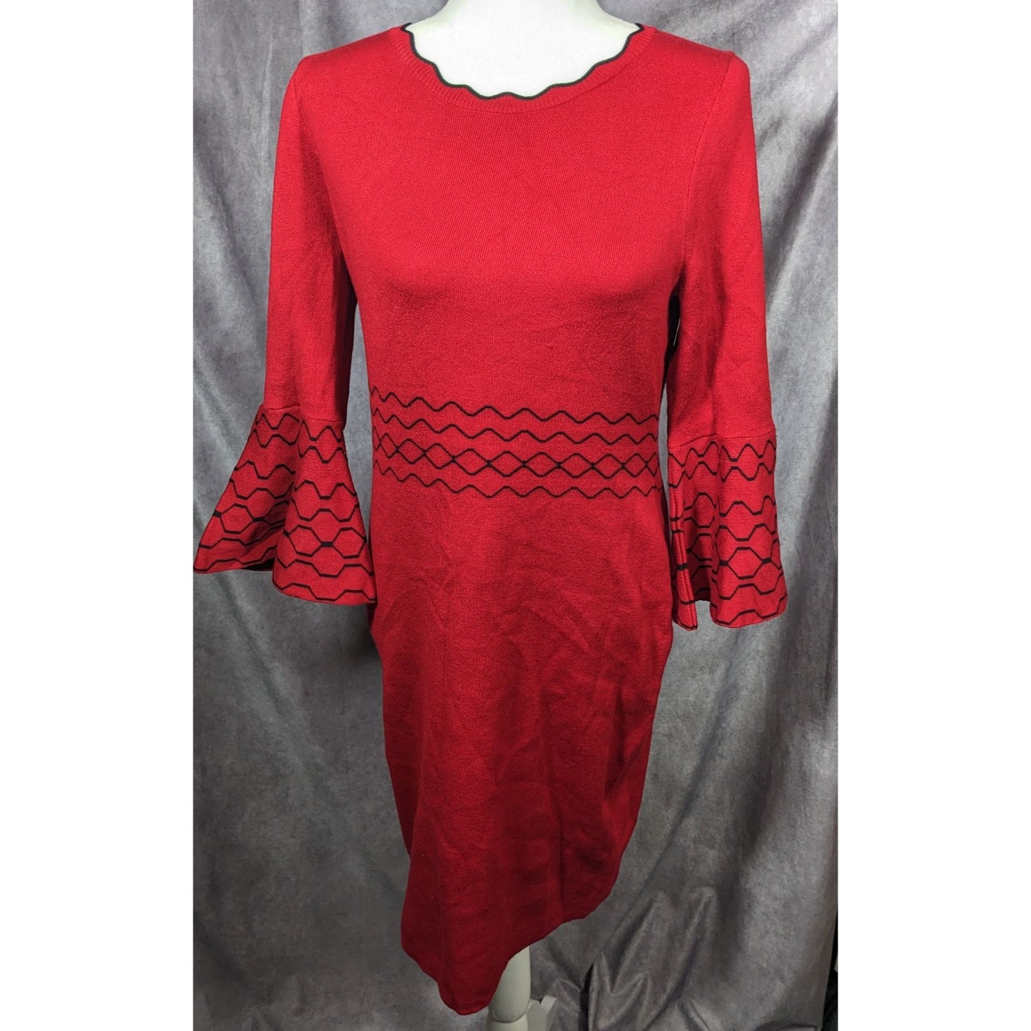 Nina Leonard Black And Red Jacquard Bell Sleeve Sweater Dress