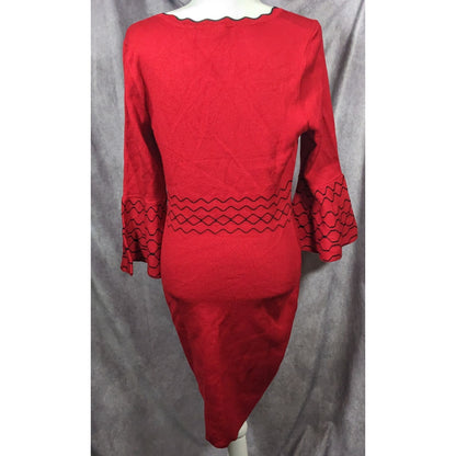 Nina Leonard Black And Red Jacquard Bell Sleeve Sweater Dress