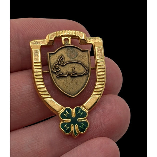 Vintage 4H Bunny Shield Gold Tone Pin With Green Enamel Clover & Dangle Accent
