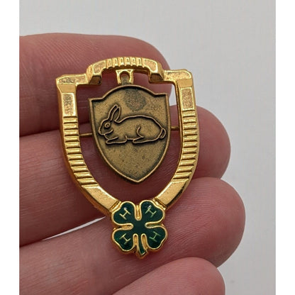 Vintage 4H Bunny Shield Gold Tone Pin With Green Enamel Clover & Dangle Accent