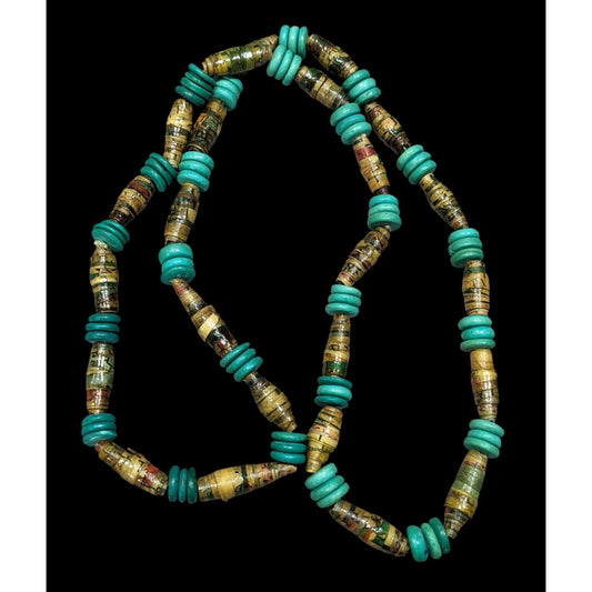 Casual Handmade Turquoise And Tan Wood And Paper Beaded Necklace