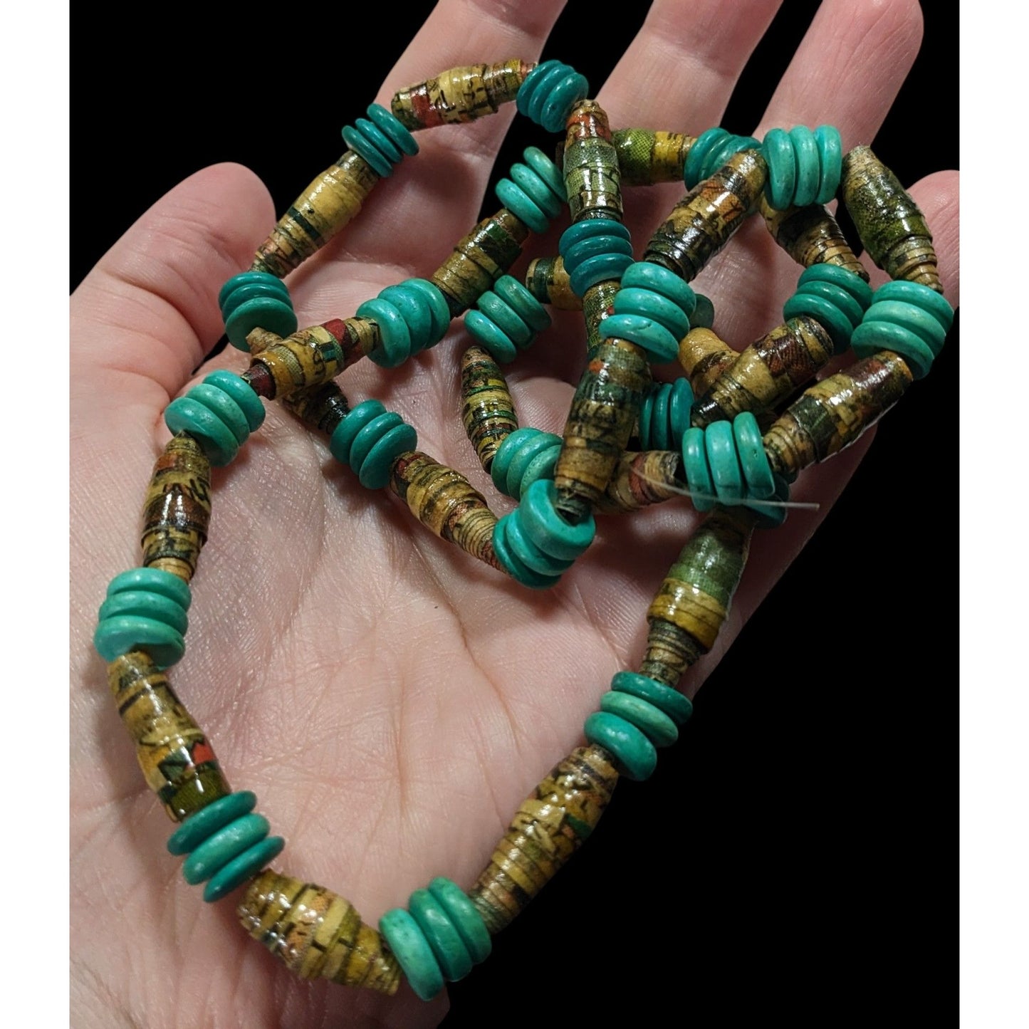 Casual Handmade Turquoise And Tan Wood And Paper Beaded Necklace