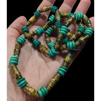 Casual Handmade Turquoise And Tan Wood And Paper Beaded Necklace