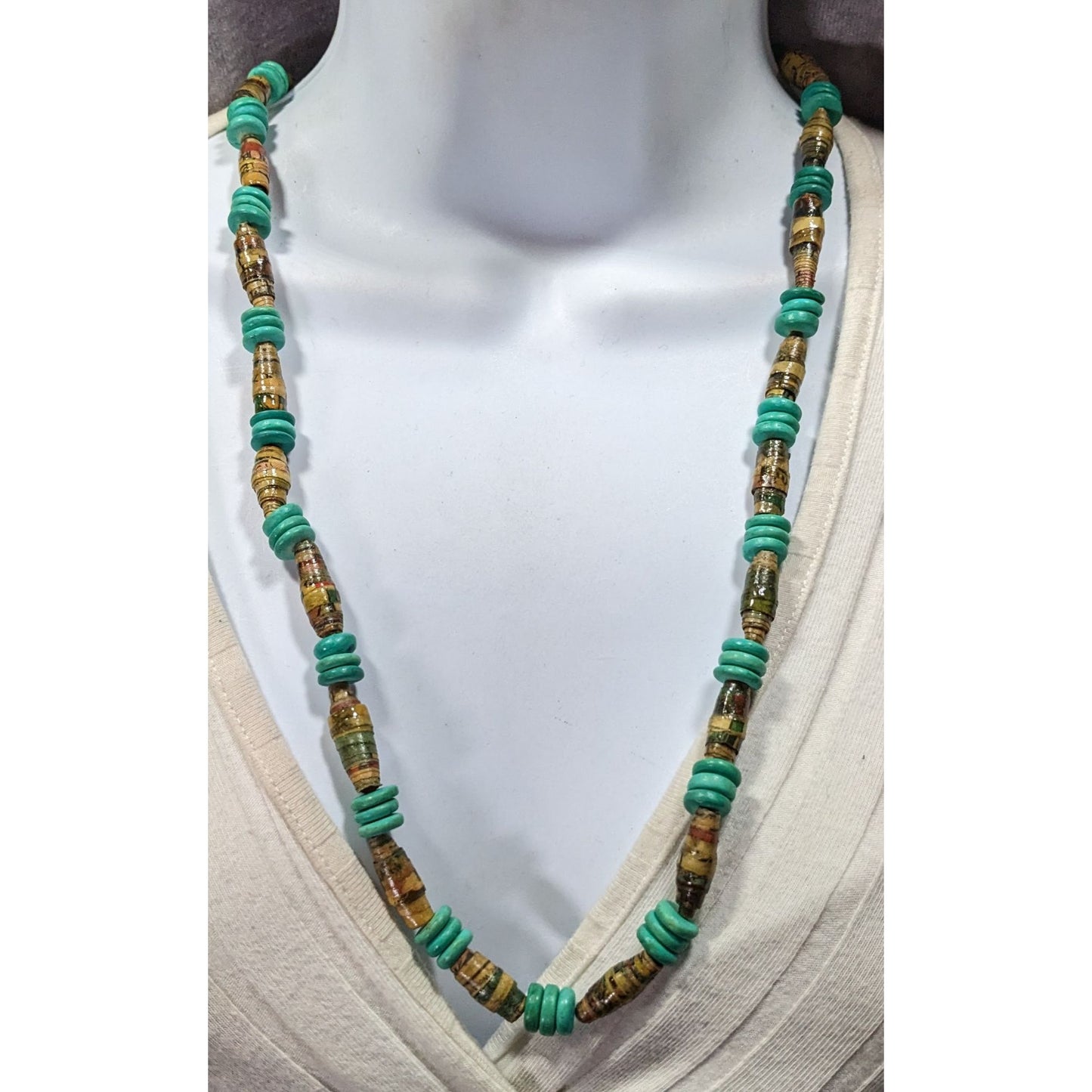 Casual Handmade Turquoise And Tan Wood And Paper Beaded Necklace