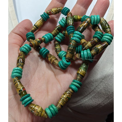 Casual Handmade Turquoise And Tan Wood And Paper Beaded Necklace