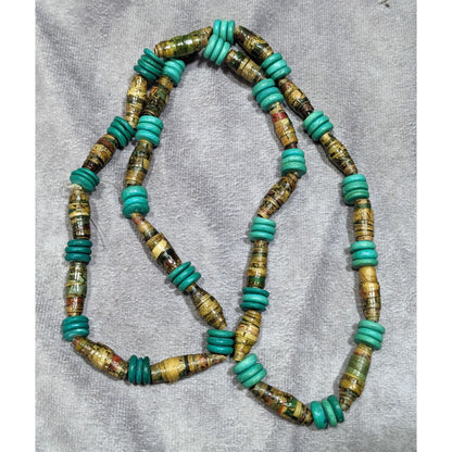 Casual Handmade Turquoise And Tan Wood And Paper Beaded Necklace