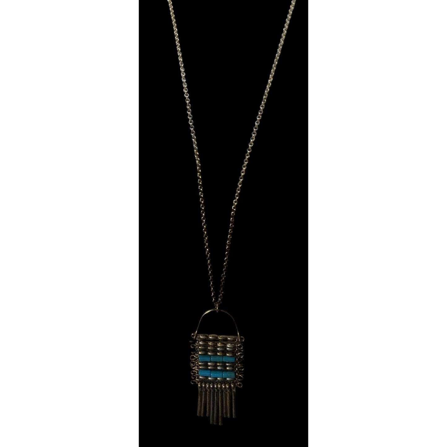 Unique Bohemian Beaded Tassel Pendant Blue And Silver Tone