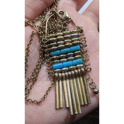 Unique Bohemian Beaded Tassel Pendant Blue And Silver Tone