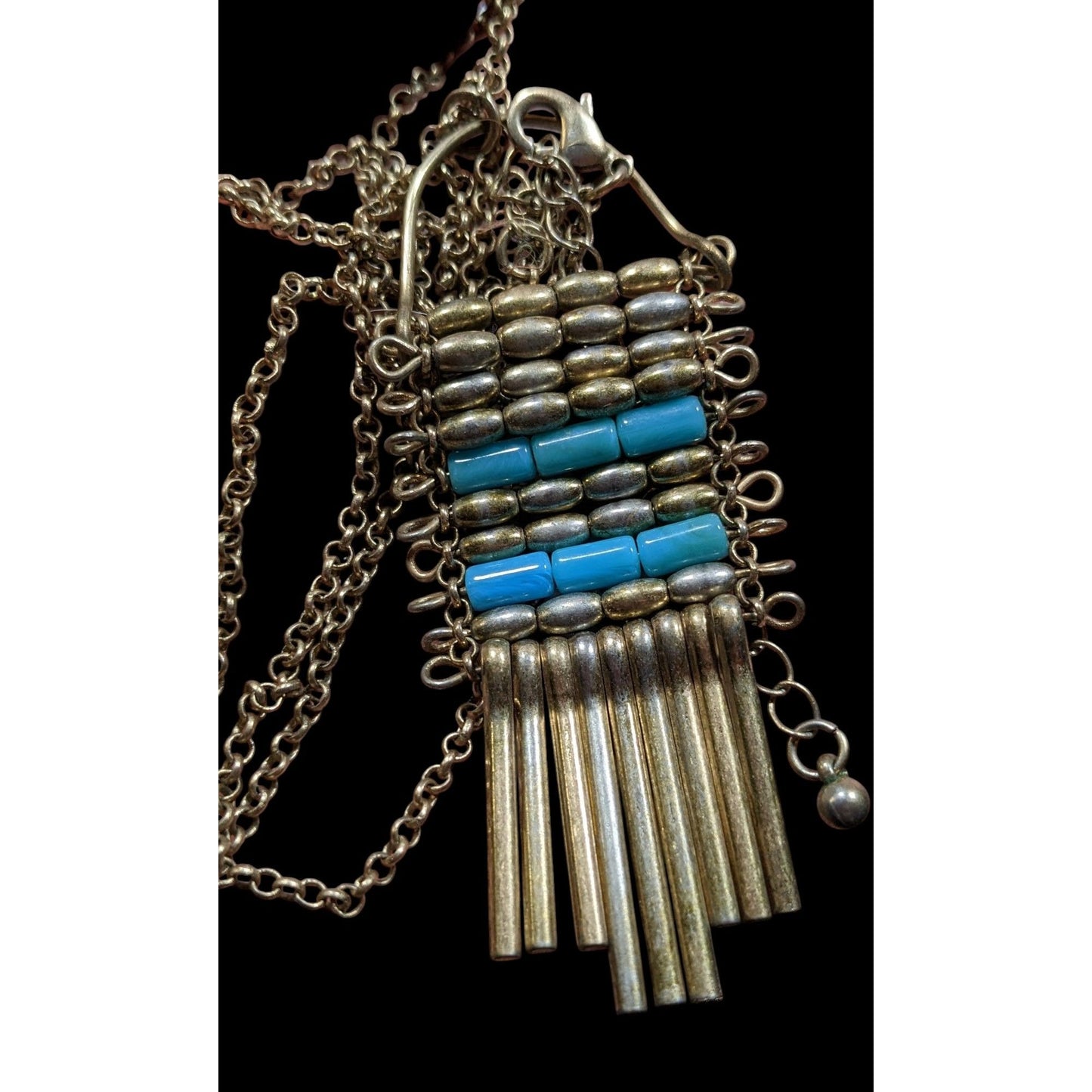 Unique Bohemian Beaded Tassel Pendant Blue And Silver Tone