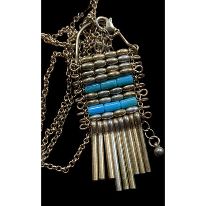 Unique Bohemian Beaded Tassel Pendant Blue And Silver Tone