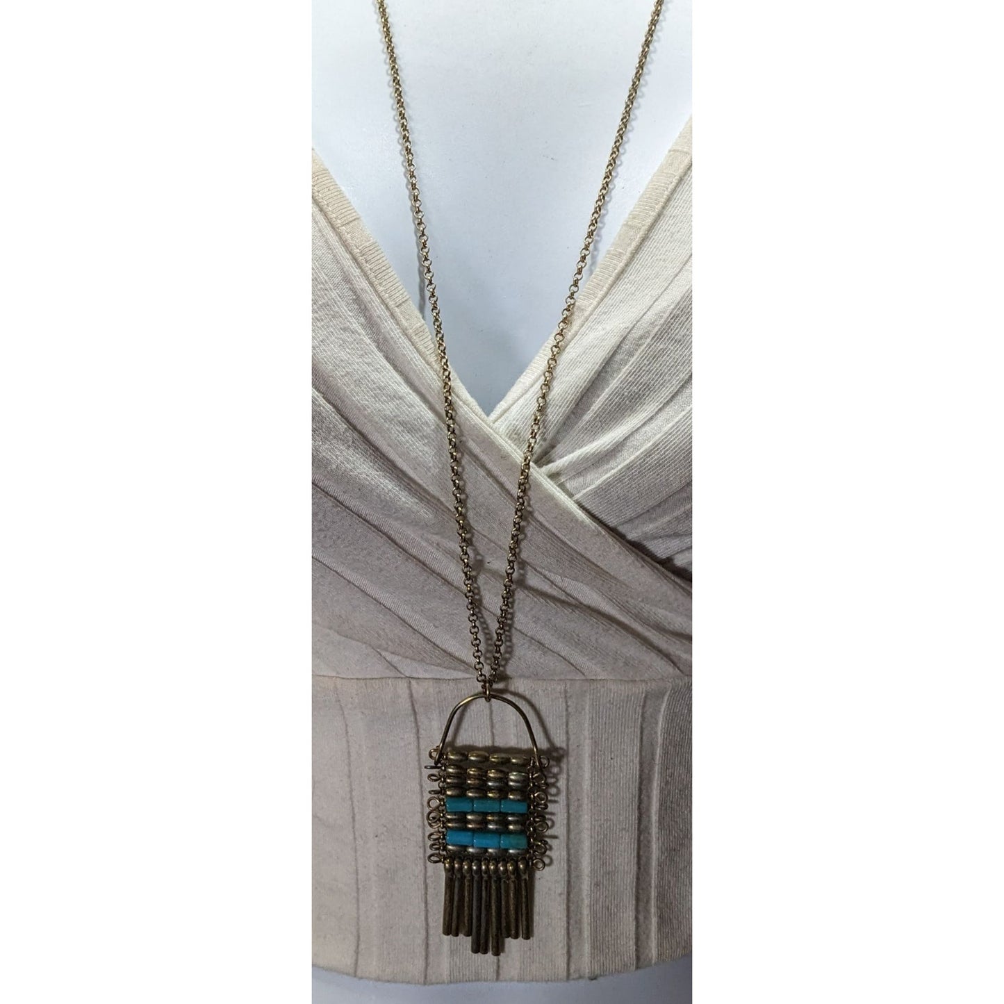 Unique Bohemian Beaded Tassel Pendant Blue And Silver Tone