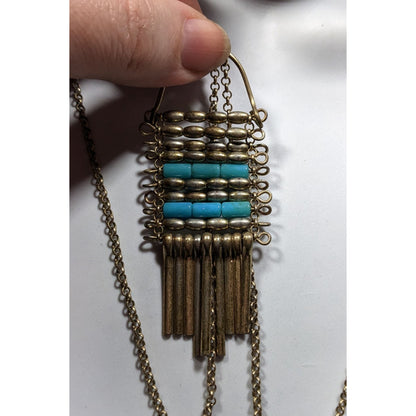 Unique Bohemian Beaded Tassel Pendant Blue And Silver Tone