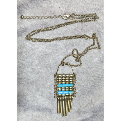 Unique Bohemian Beaded Tassel Pendant Blue And Silver Tone