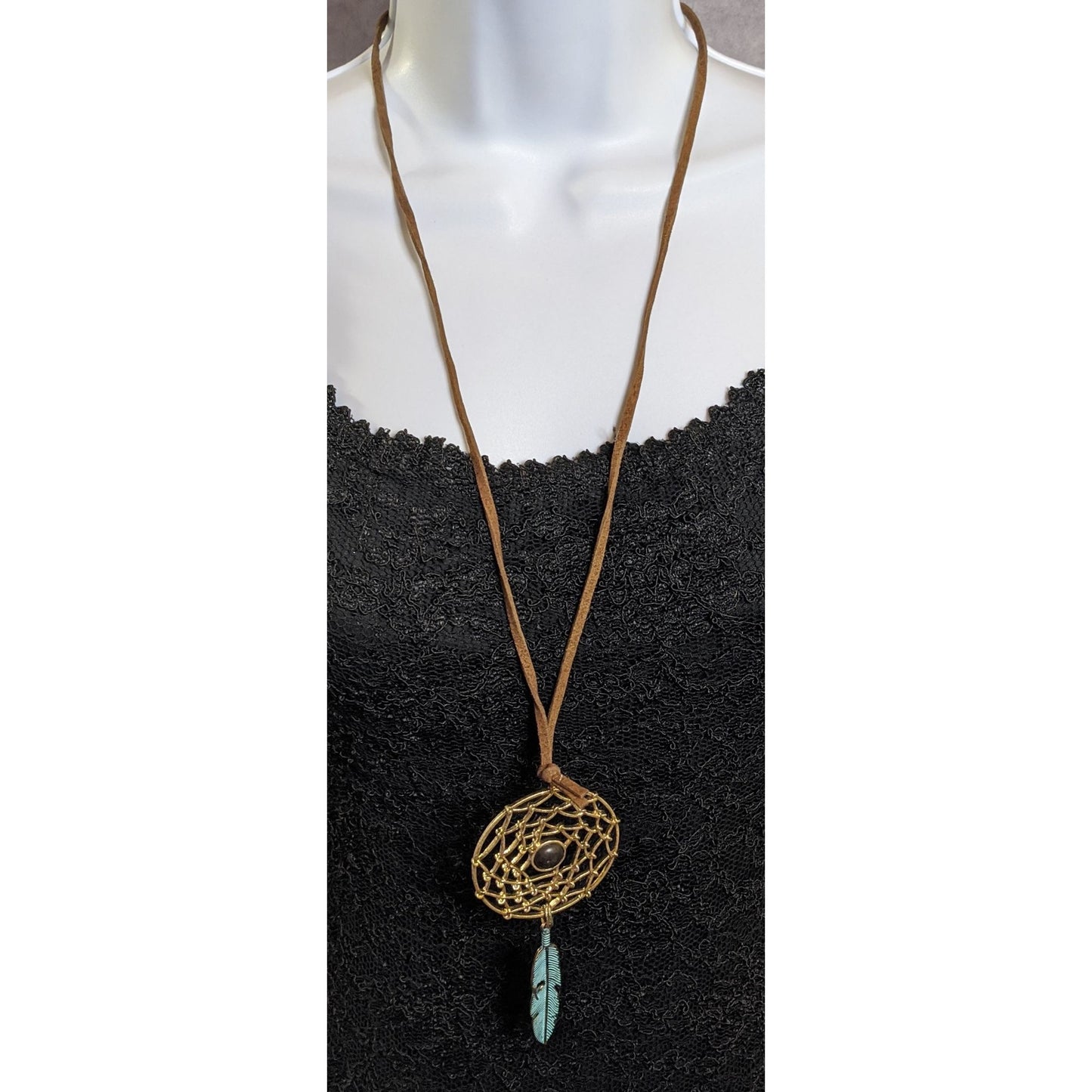 Bohemian Dreamcatcher Pendant Necklace With Faux Suede Cord