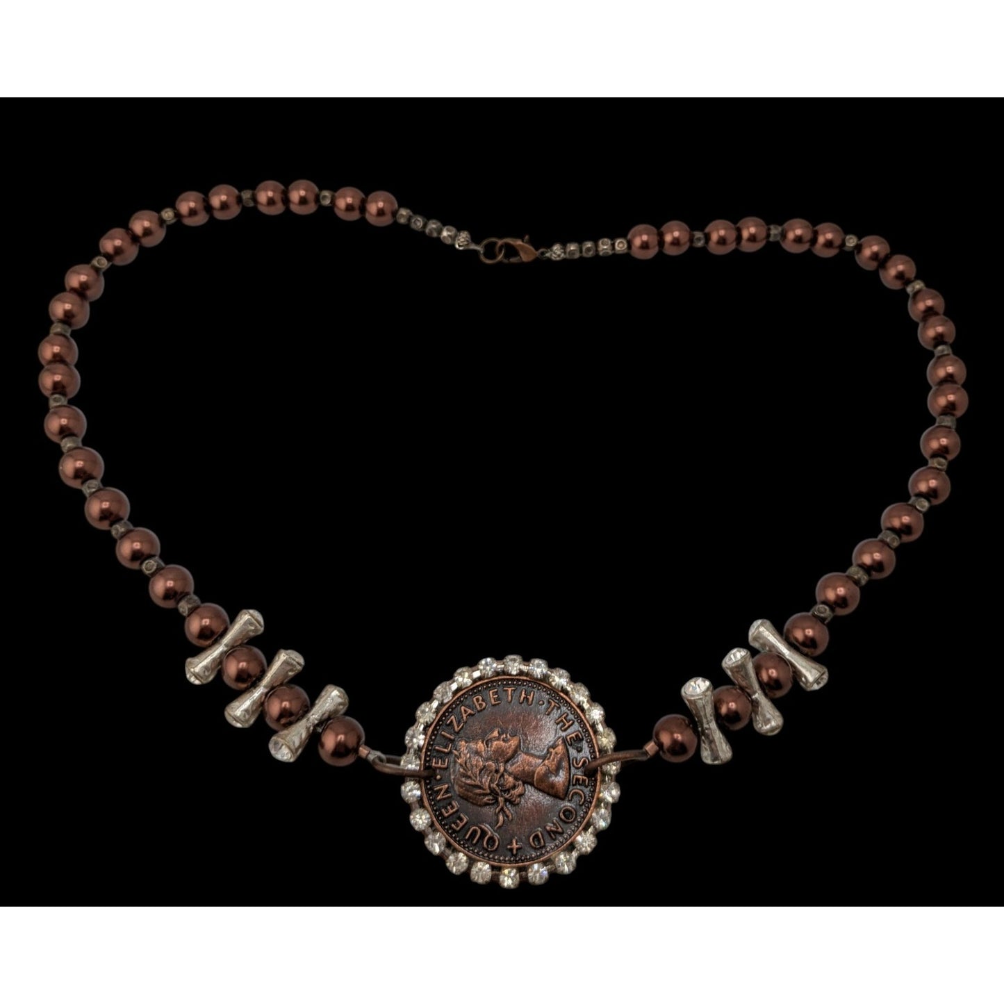 Vintage 1960 New Zealand Penny Necklace Queen Elizabeth II Beaded Pendant Necklace